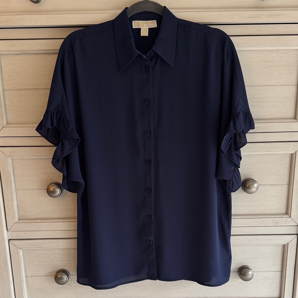 Michael Kors Navy Blouse with Ruffle Sleeves